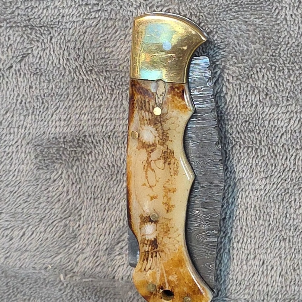 Delta Knives Damascus 3 Inch‎ Drop Point Brass Carved Skull Wings... - Picture 11 of 12